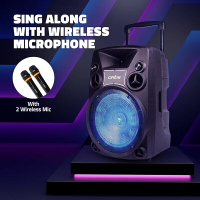 Artis BT918 12 Inch Karaoke Bluetooth PA System Portable Trolley Speaker with RGB Lights, 2 Wireless Mic, Remote Control, FM Radio & Aux in/USB/TF Card Reader Input (80W RMS Output)