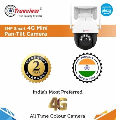 Trueview 4G SIM 3Mp Mini Pan Tilt CCTV Camera, Outdoor Indoor Security Camera, Water Proof, 2 Way Talk, Cloud Storage, Motion Detect, Supports SD Card Up to 256 GB, Night Vision, Alexa & Ok Google