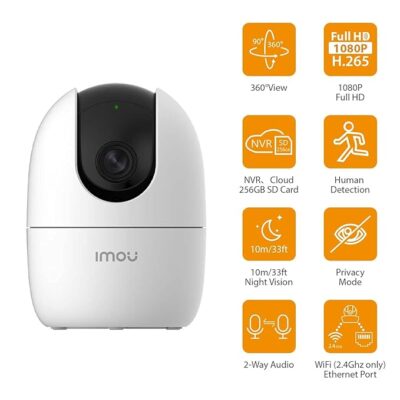 IMOU 360° 1080P Full HD Ranger 2-D Wi-Fi Camera / Human Detection / 2-Way Audio / Night Color / Up to 256GB SD Card Support