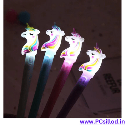 Multicolor Plastic Unicorn Head Gel Pen with LED Light-1 Quantity-(Colour & Design May Vary)